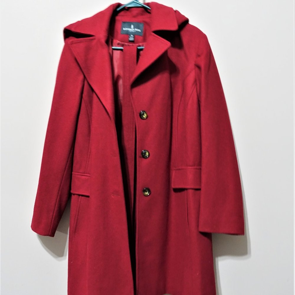 Red Double Breasted Jacket Pea Coat with Collar and Belt Full Sleeves Pockets Si